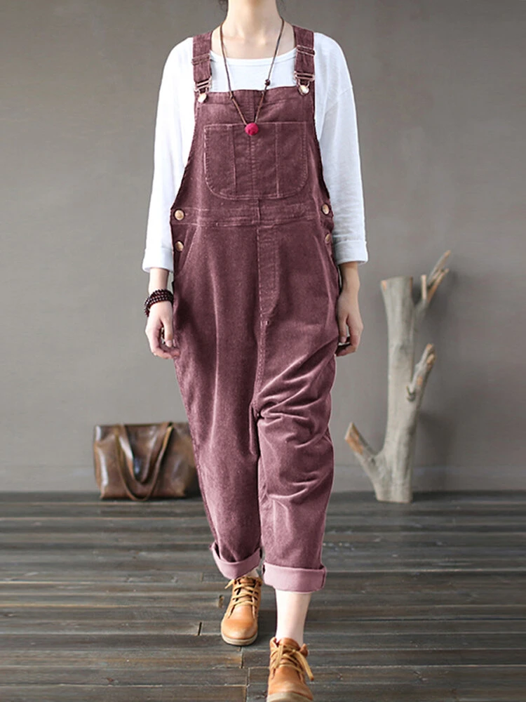 Solid Color Button Pockets Sleeveless Corduroy Jumpsuits 4 Solid Color Button Pockets Sleeveless Corduroy Jumpsuits - Image 4