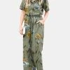 Plant Print Pocket Button Drawstring Casual Cotton Jumpsuit