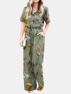 Plant Print Pocket Button Drawstring Casual Cotton Jumpsuit