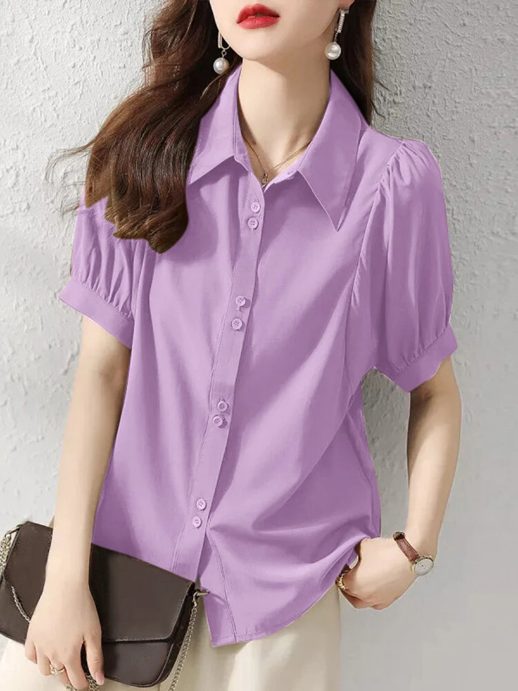 Women Solid Puff Sleeve Button Front Lapel Shirt 11 Women Solid Puff Sleeve Button Front Lapel Shirt - Image 11