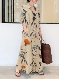 Plants Print Pocket Long Sleeve Button Maxi Shirt Dress -Zanzea Shop 4d42570e 693e 43ad a8ab 0faef556e706