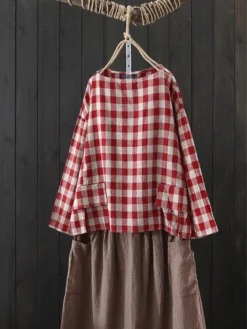 Casual Plaid O-neck Long Sleeve Plus Size Blouse