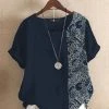 Women Ethnic Paisley Print Patchwork Cotton Short Sleeve Blouse