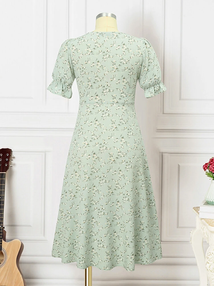 Women Ditsy Floral Print V-Neck Split Hem Puff Sleeve Dress 6 Women Ditsy Floral Print V-Neck Split Hem Puff Sleeve Dress - Image 6