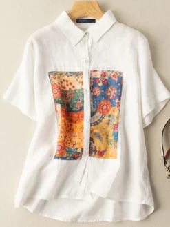 Flower Painted Loose Lapel Short Sleeve Casual Shirt