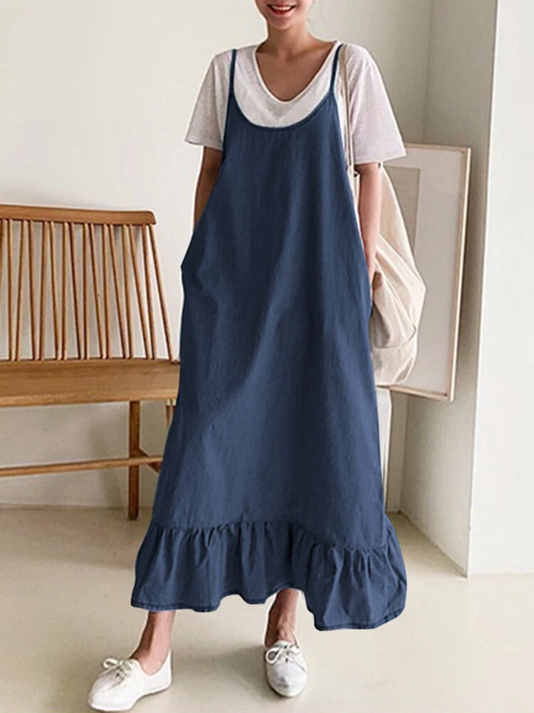 Solid Ruffle Hem Sleeveless Strap Denim Maxi Dress 5 Solid Ruffle Hem Sleeveless Strap Denim Maxi Dress - Image 5
