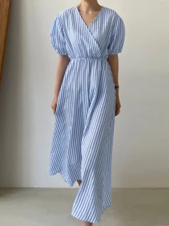 Puff Sleeve Wrap V-neck Stripe Print Midi Dress -Zanzea Shop 4defe5cd 6aba 4525 866b 5753b1fddbc1
