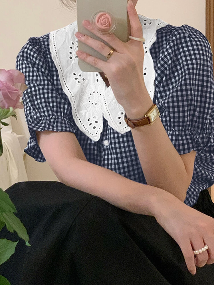 Check Contrast Collar Puff Sleeve Button Front Blouse 6 Check Contrast Collar Puff Sleeve Button Front Blouse - Image 6