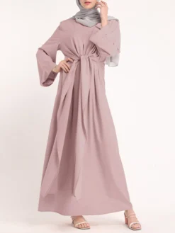 Solid Color Knotted Long Sleeve Maxi Muslim Dress