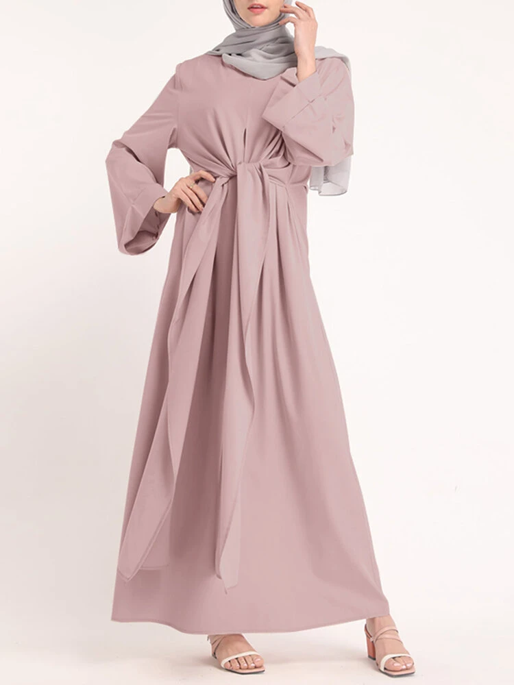 Solid Color Knotted Long Sleeve Maxi Muslim Dress 1 Solid Color Knotted Long Sleeve Maxi Muslim Dress