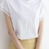 Solid Lace Trim Stitch Crew Neck Short Sleeve T-shirt