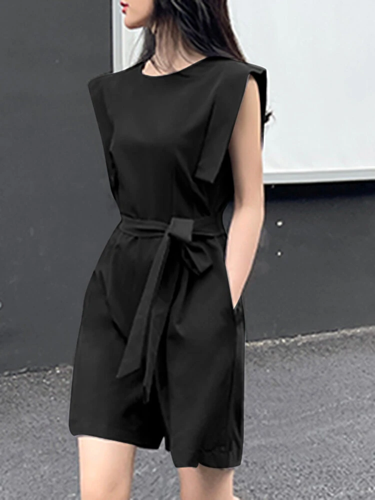 Solid Pocket Sleeveless Crew Neck Romper With Belt 6 Solid Pocket Sleeveless Crew Neck Romper With Belt - Image 6