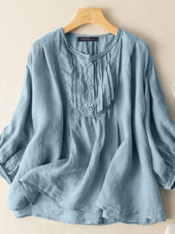 Women Solid Pleated Crew Neck Button Design Puff Sleeve Blouse -Zanzea Shop 4e5ef7dc 3643 4d34 bd72 95e20e6521b9