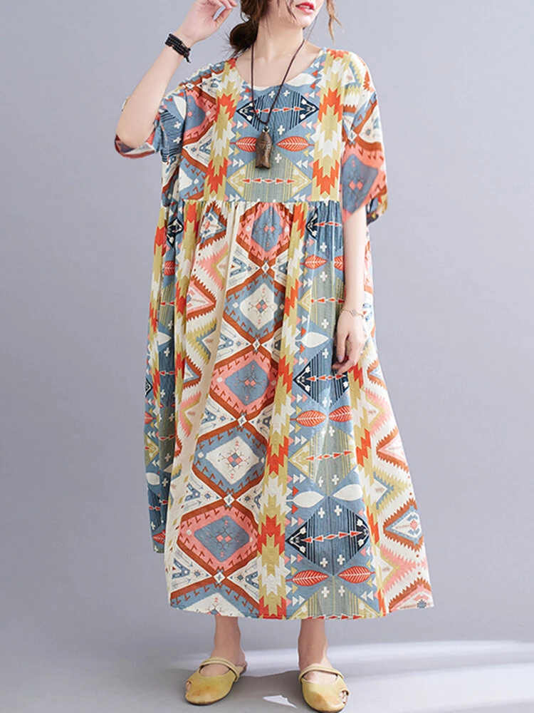 Painted Geometry Print Loose 3/4 Length Sleeve O-neck Vintage Dress 2 Painted Geometry Print Loose 3/4 Length Sleeve O-neck Vintage Dress - Image 2