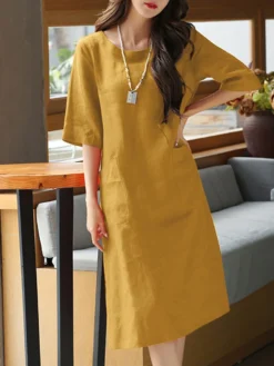 Solid Dual Pocket Half Sleeve Crew Neck Midi Dress -Zanzea Shop 4e720eba de9a 413e b209 7a05fe92d551