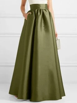 High Waist A-line Solid Satin Pocket Swing Skirt