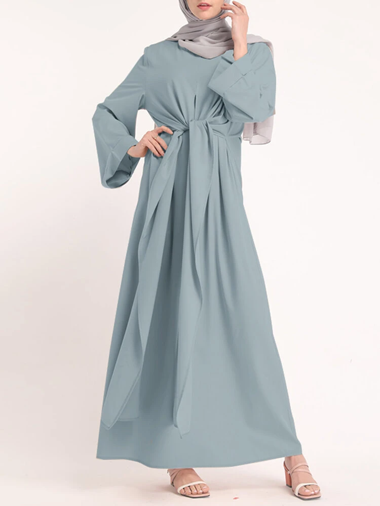 Solid Color Knotted Long Sleeve Maxi Muslim Dress 5 Solid Color Knotted Long Sleeve Maxi Muslim Dress - Image 5
