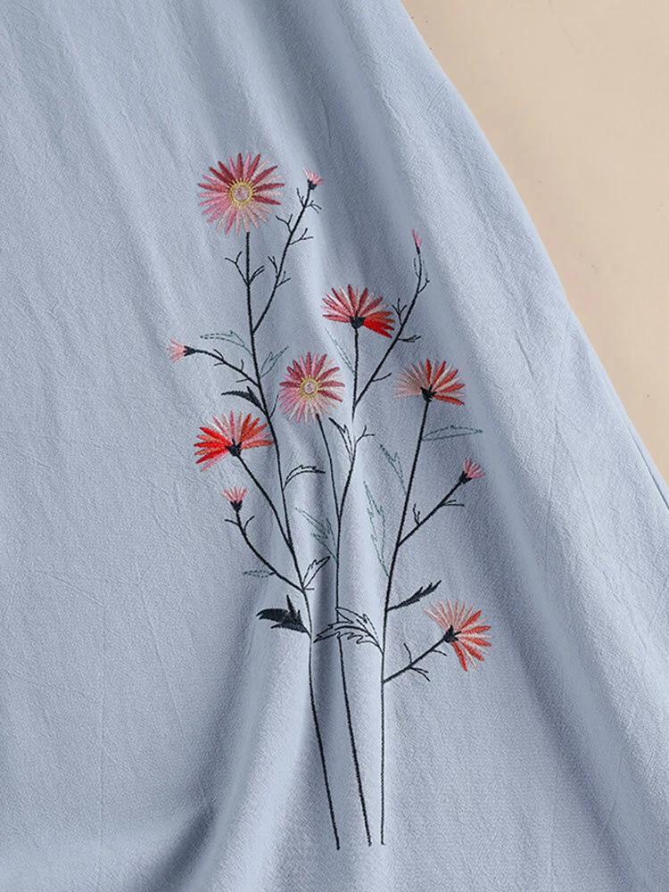 Women Floral Embroidered V-Neck Cotton Short Sleeve Dress 9 Women Floral Embroidered V-Neck Cotton Short Sleeve Dress - Image 9