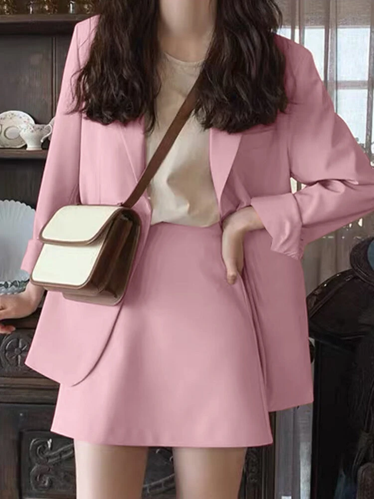 Solid Long Sleeve Lapel Blazer A-line Skirt Two Pieces Suit 3 Solid Long Sleeve Lapel Blazer A-line Skirt Two Pieces Suit - Image 3
