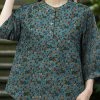 Women Ditsy Floral Print Stand Collar Half Button Cotton Blouse
