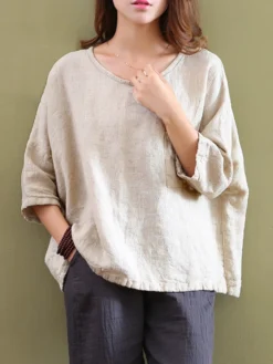 Casual Women Mori Pocket O-Neck 3/4 Sleeve Loose Blouse