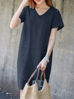 Solid Pocket Slit Hem V-neck Short Sleeve Vintage Dress 21 Solid Pocket Slit Hem V-neck Short Sleeve Vintage Dress -Zanzea Shop 4ef2fdba b691 42d0 afb3 8e2520db52be