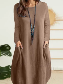 Solid Dual Pocket Long Sleeve Crew Neck Vintage Dress -Zanzea Shop 4f2f5016 6735 48ba ba4a a309d6033b60