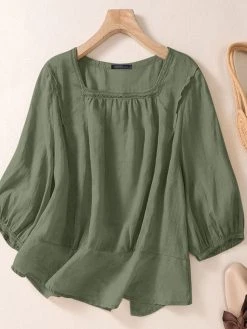 Women Solid Square Collar Cotton Casual 3/4 Sleeve Blouse -Zanzea Shop 4f829cd4 8be7 44fc 80c9 906aa6445a9e