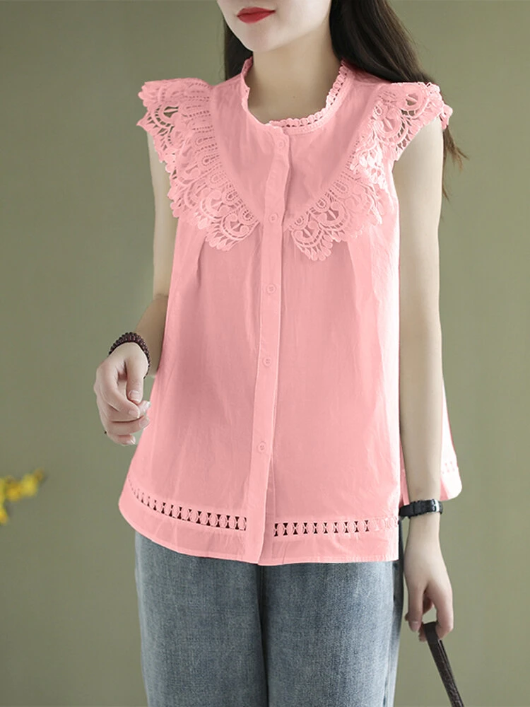 Women Lace Splice Button Front Casual Sleeveless Tank Top 7 Women Lace Splice Button Front Casual Sleeveless Tank Top - Image 7