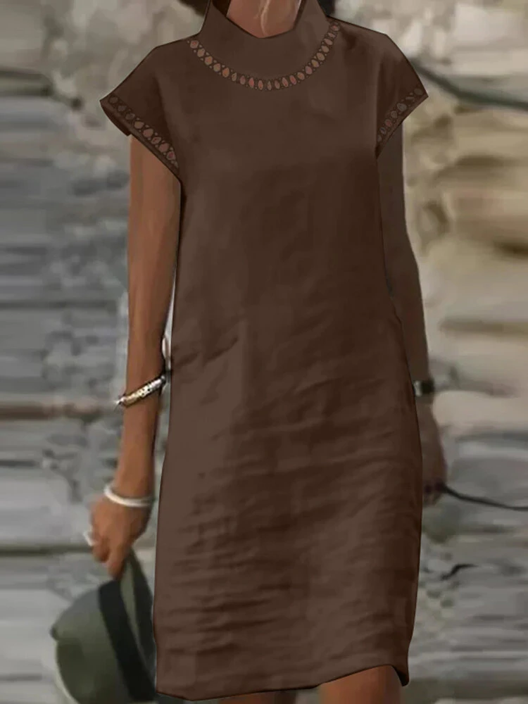 Women Hollow Lace Splice High Neck Cotton Plain Dress 3 Women Hollow Lace Splice High Neck Cotton Plain Dress - Image 3