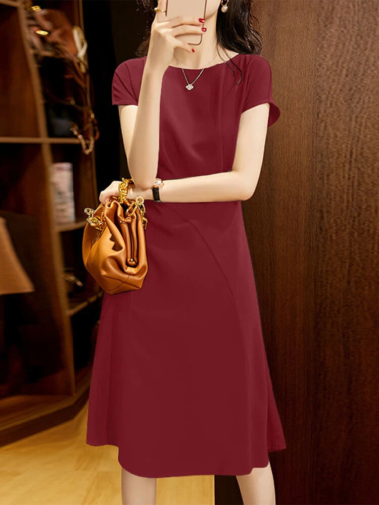 Solid Invisible Zip Side Short Sleeve Crew Neck Dress 6 Solid Invisible Zip Side Short Sleeve Crew Neck Dress - Image 6