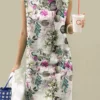 Allover Plants Print Sleeveless Crew Neck Vintage Dress