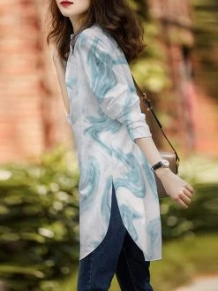 Marble Pattern Slit Hem Loose Button Front Blouse -Zanzea Shop 502dee41 47df 428e 9d69 0365b404f478