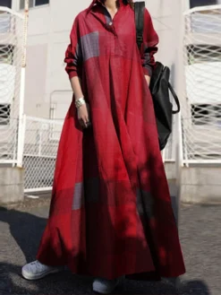 Plaid Print Lapel Long Sleeve Button Plus Size Maxi Dress With Pockets -Zanzea Shop 503e3f10 30c8 4c1d b26a 52c7b6f42b9c