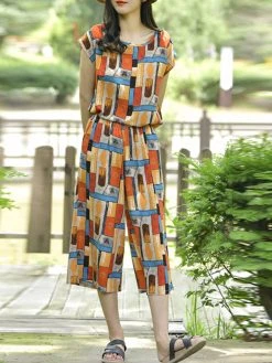 Women Colorful Random Print Crew Neck Short Sleeve Co-ords