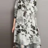 Plants Print Button Long Sleeve Stand Collar High-low Vintage Dress