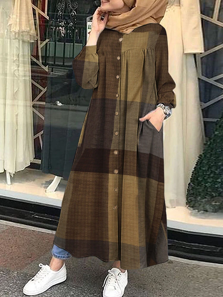 Plaid Print Long Sleeve Plus Size Button Dress With Pocket For Women 3 Plaid Print Long Sleeve Plus Size Button Dress With Pocket For Women - Image 3