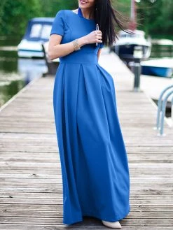 Solid Short Sleeve Pocket Crew Neck Maxi Dress -Zanzea Shop 50ed7b70 e48e 4451 a2f7 f3a664c21060