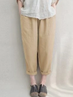 Plain Elastic Waist Pocket Casual Cotton Linen Pants