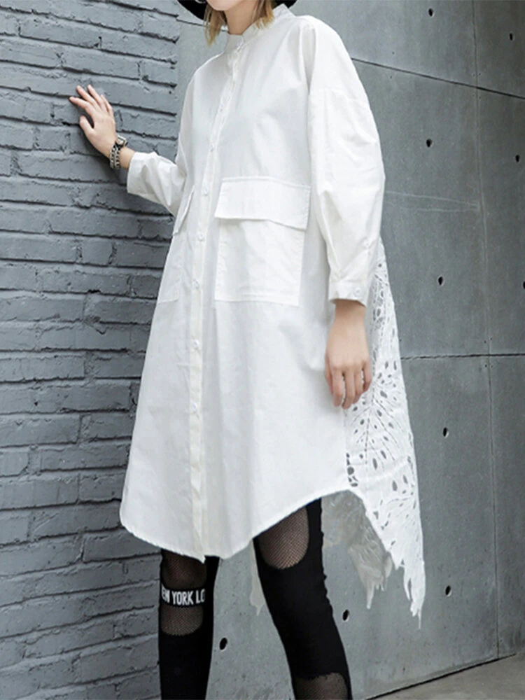 Lace Crochet Long Sleeve Irregular Trim Plus Size Long Shirt 2 Lace Crochet Long Sleeve Irregular Trim Plus Size Long Shirt - Image 2