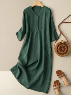 Solid V-neck 3/4 Sleeve Button Casual Dress -Zanzea Shop 5143e773 36e4 4f90 982f 209a11f369fb