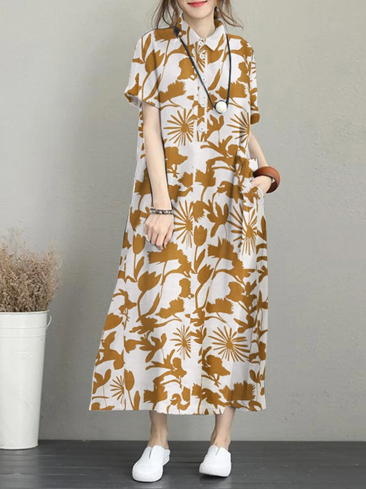 Flower Print Pocket Button Lapel Casual Short Sleeve Dress 1 Flower Print Pocket Button Lapel Casual Short Sleeve Dress