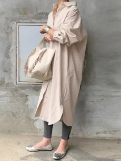 Solid Color Casual Long Sleeve Cotton Shirt Dress