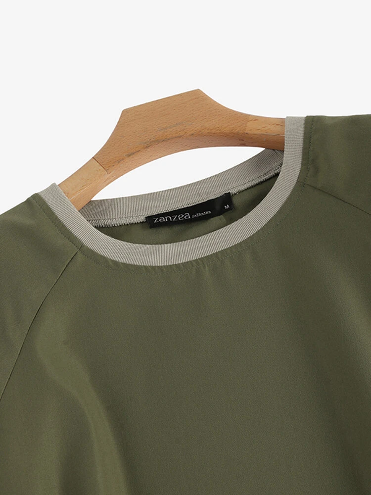 Women Contrast Patchwork Crew Neck Knit Raglan Sleeve T-Shirt 5 Women Contrast Patchwork Crew Neck Knit Raglan Sleeve T-Shirt - Image 5