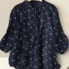 Floral Print Button Stand Collar 3/4 Sleeve Blouse For Women