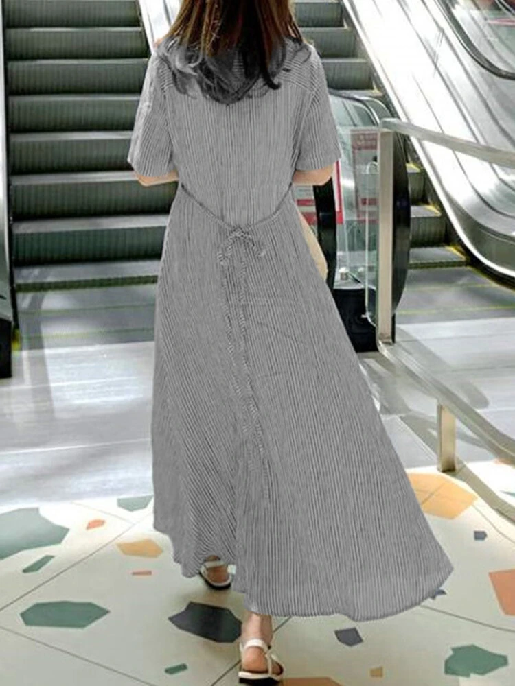 Striped Print Short Sleeve Lapel Button Shirt Dress 6 Striped Print Short Sleeve Lapel Button Shirt Dress - Image 6