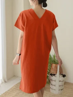 Cotton Solid Short Sleeve V Neck Casual Midi Dress -Zanzea Shop 52b25f6d 9154 4890 99a3 aae6c60841c1
