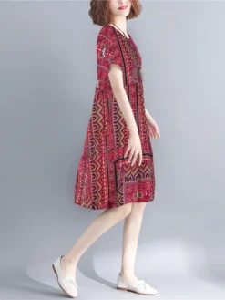 Vintage Print Short Sleeve Crew Neck Dress -Zanzea Shop 52b5615e 476c 45c9 92be ccc44beddd10