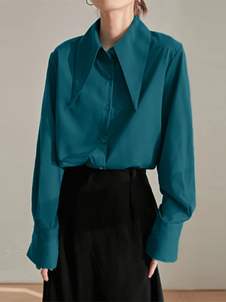 Satin Solid Button Front Long Sleeve Lapel Loose Shirt 6 Satin Solid Button Front Long Sleeve Lapel Loose Shirt - Image 6