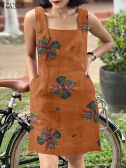 Women Floral Print Square Collar Cotton Sleeveless Dress -Zanzea Shop 53060140 2e85 46f0 a2b3 dc07086618ed